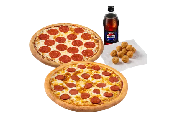 İKİ BÜYÜK PİZZA +LİTRE İÇECEK + ÇITIR TOPLARI 